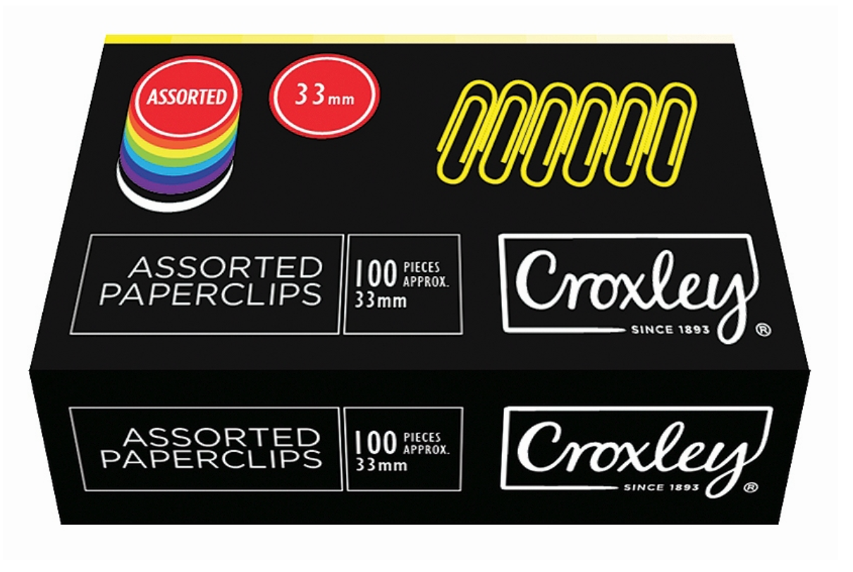 CROXLEY 33mm PVC Assorted Paper Clips 100's Pack of 10