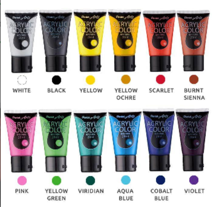 PENTEL ACRYLIC COLOURS PAINT 28ML SET 12